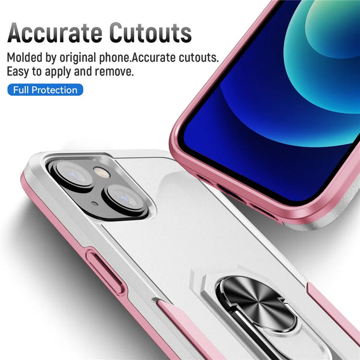 For iPhone 15 PC+TPU Shockproof Cover Anti-fall Phone Case with Ring Kickstand - White+Pink - 6