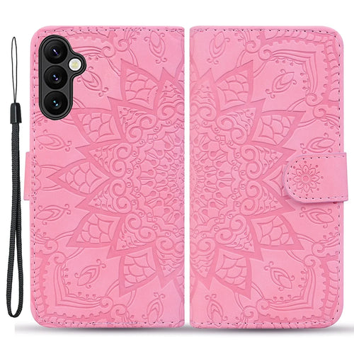 For Samsung Galaxy S23 FE Flower Imprint Phone Cover Calf Texture Stand Wallet Leather Case - Pink - 1