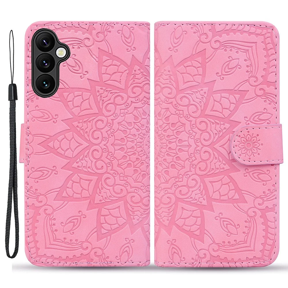 For Samsung Galaxy S23 FE Flower Imprint Phone Cover Calf Texture Stand Wallet Leather Case - Pink - 1