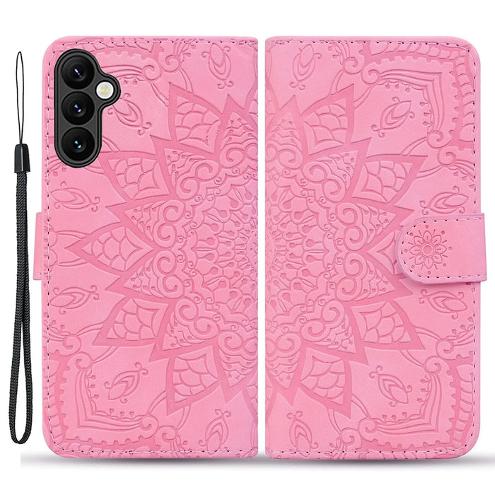 For Samsung Galaxy S23 FE Flower Imprint Phone Cover Calf Texture Stand Wallet Leather Case - Pink - 1