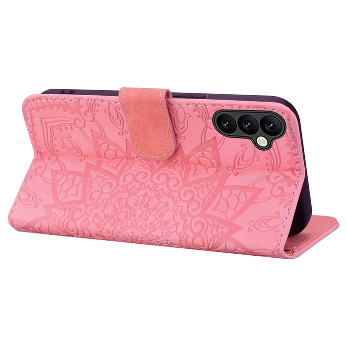 For Samsung Galaxy S23 FE Flower Imprint Phone Cover Calf Texture Stand Wallet Leather Case - Pink - 4
