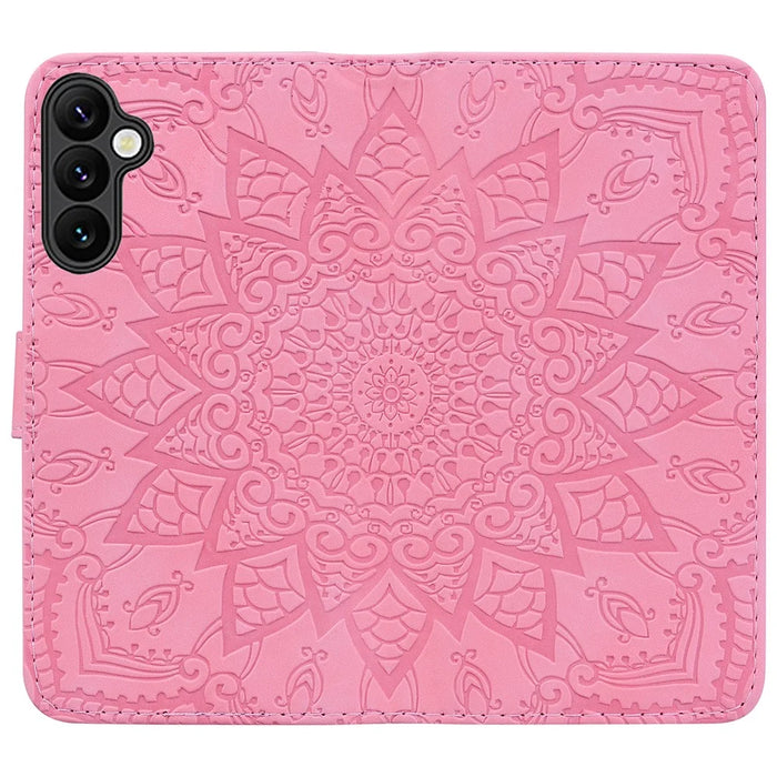 For Samsung Galaxy S23 FE Flower Imprint Phone Cover Calf Texture Stand Wallet Leather Case - Pink - 5