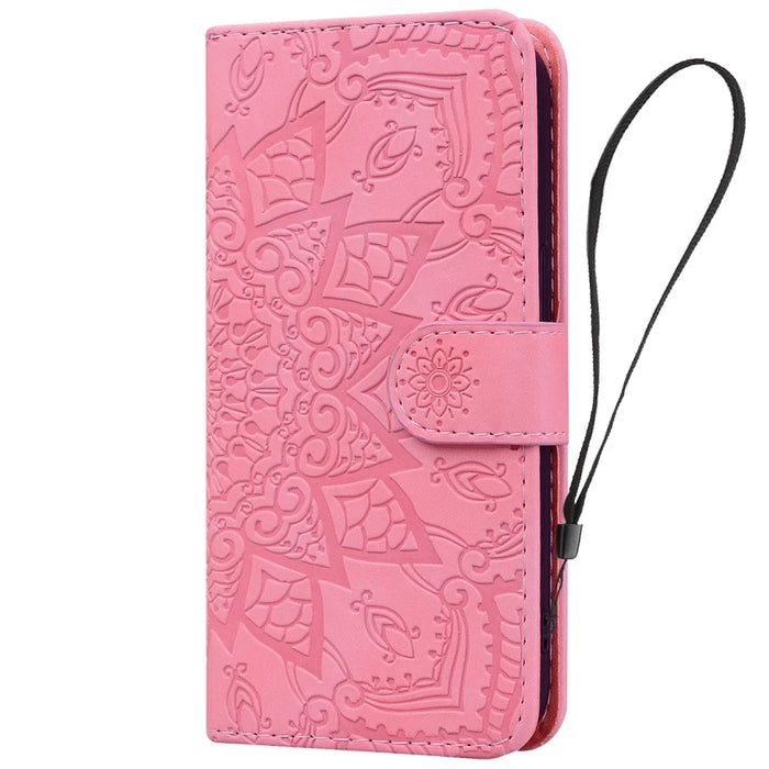 For Samsung Galaxy S23 FE Flower Imprint Phone Cover Calf Texture Stand Wallet Leather Case - Pink - 6