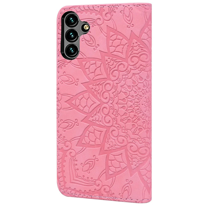 For Samsung Galaxy S23 FE Flower Imprint Phone Cover Calf Texture Stand Wallet Leather Case - Pink - 7