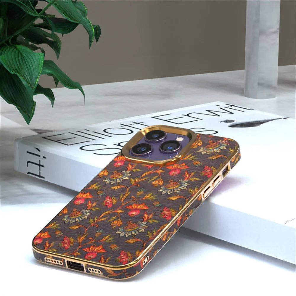 Flower Pattern Series for iPhone 12 / 12 Pro Electroplating Phone Case PU Leather Coated TPU+PC Cover - Black - 3