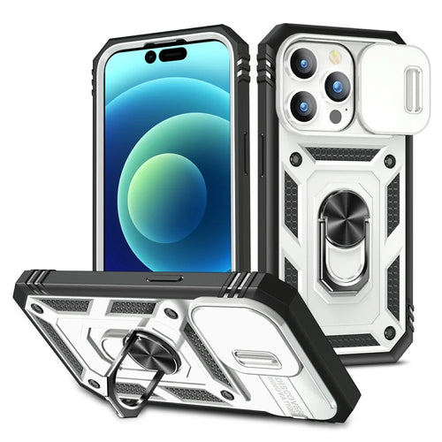 For iPhone 15 Pro Sliding Camera Window Phone Case PC+TPU Kickstand Cover with Card Slot -  White+Black - 1