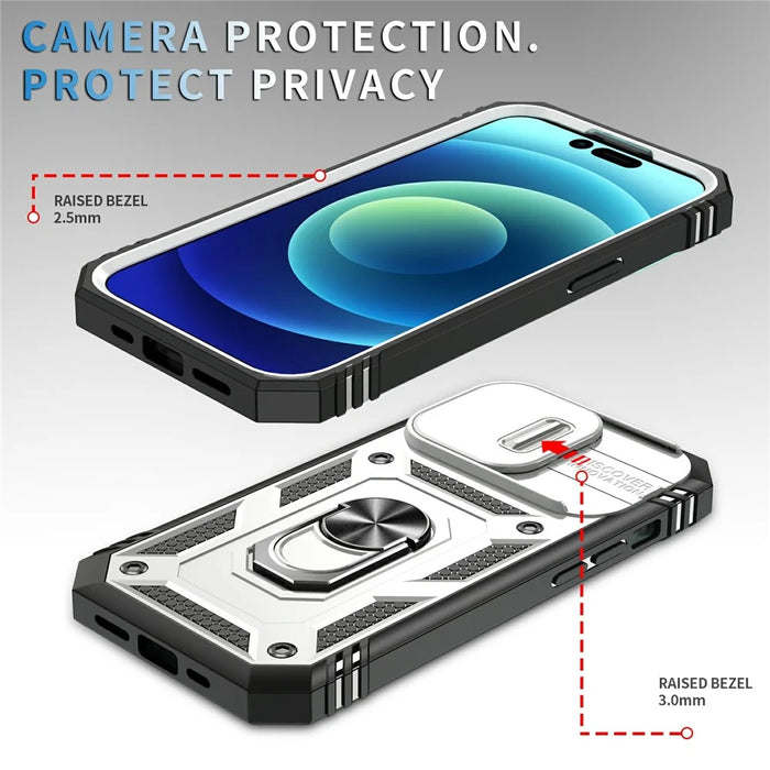 For iPhone 15 Pro Sliding Camera Window Phone Case PC+TPU Kickstand Cover with Card Slot -  White+Black - 2