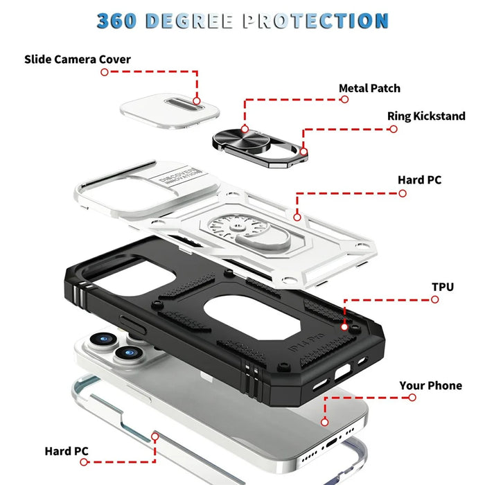 For iPhone 15 Pro Sliding Camera Window Phone Case PC+TPU Kickstand Cover with Card Slot -  White+Black - 3