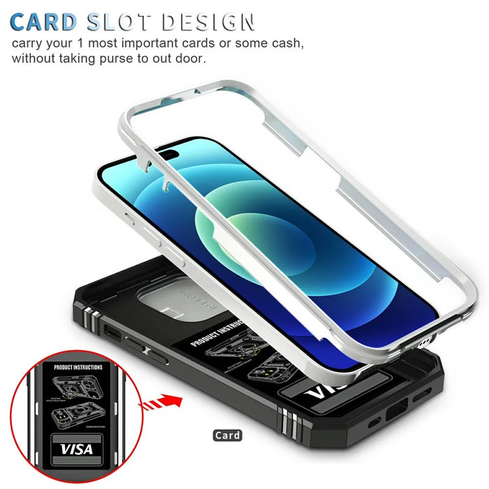 For iPhone 15 Pro Sliding Camera Window Phone Case PC+TPU Kickstand Cover with Card Slot -  White+Black - 5