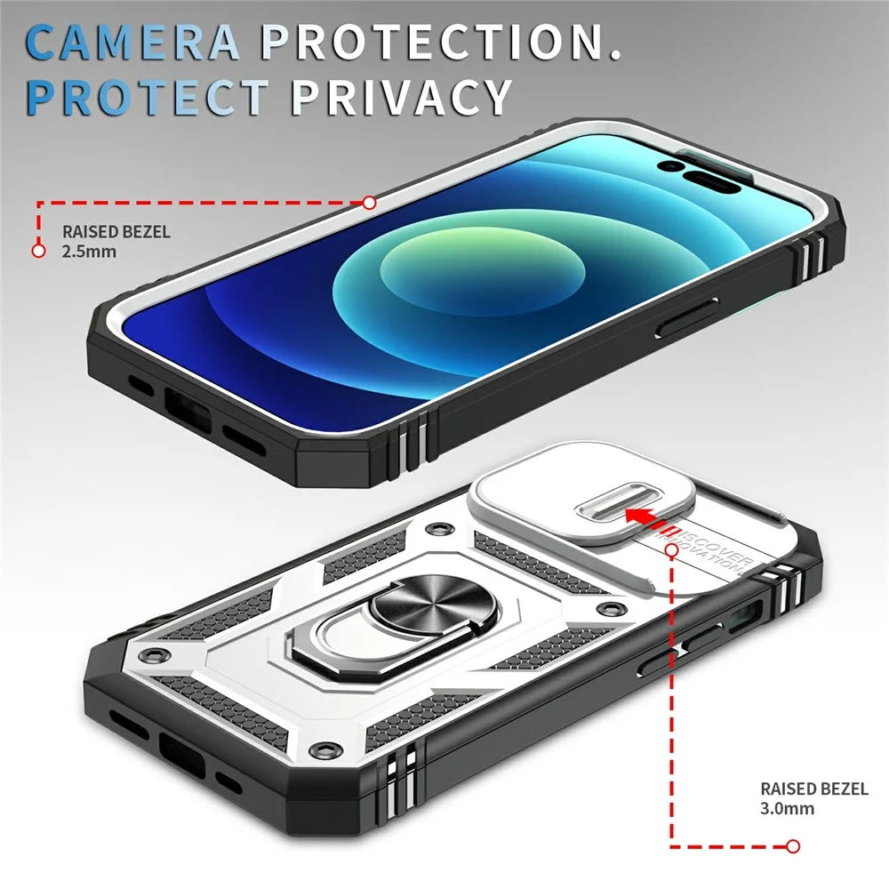 For iPhone 15 Pro Max Kickstand Case Card Holder PC+TPU Phone Cover with Sliding Camera Protection - White+Black - 2