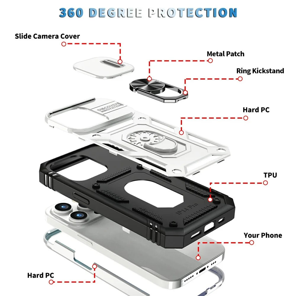 For iPhone 15 Pro Max Kickstand Case Card Holder PC+TPU Phone Cover with Sliding Camera Protection - White+Black - 3