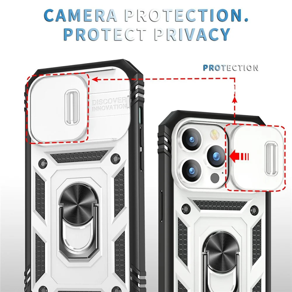 For iPhone 15 Pro Max Kickstand Case Card Holder PC+TPU Phone Cover with Sliding Camera Protection - White+Black - 6