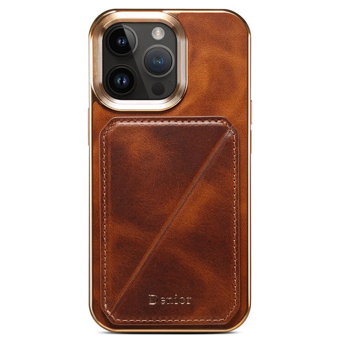 DENIOR For iPhone 12 / 12 Pro Kickstand Electroplating Case Card Holder Waxy Genuine Cow Leather Coated TPU+PC Cover - Brown - 1