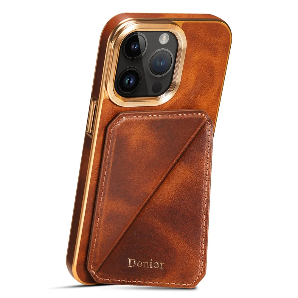 DENIOR For iPhone 12 Pro Max Card Holder Kickstand Phone Cover Waxy Genuine Cow Leather Coated TPU+PC Electroplating Case - Brown - 2