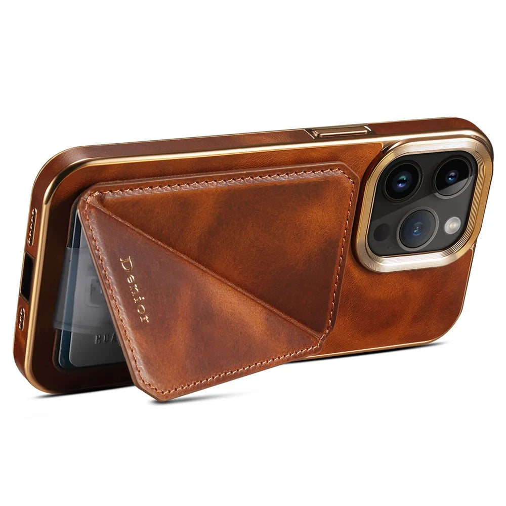 DENIOR For iPhone 12 Pro Max Card Holder Kickstand Phone Cover Waxy Genuine Cow Leather Coated TPU+PC Electroplating Case - Brown - 4