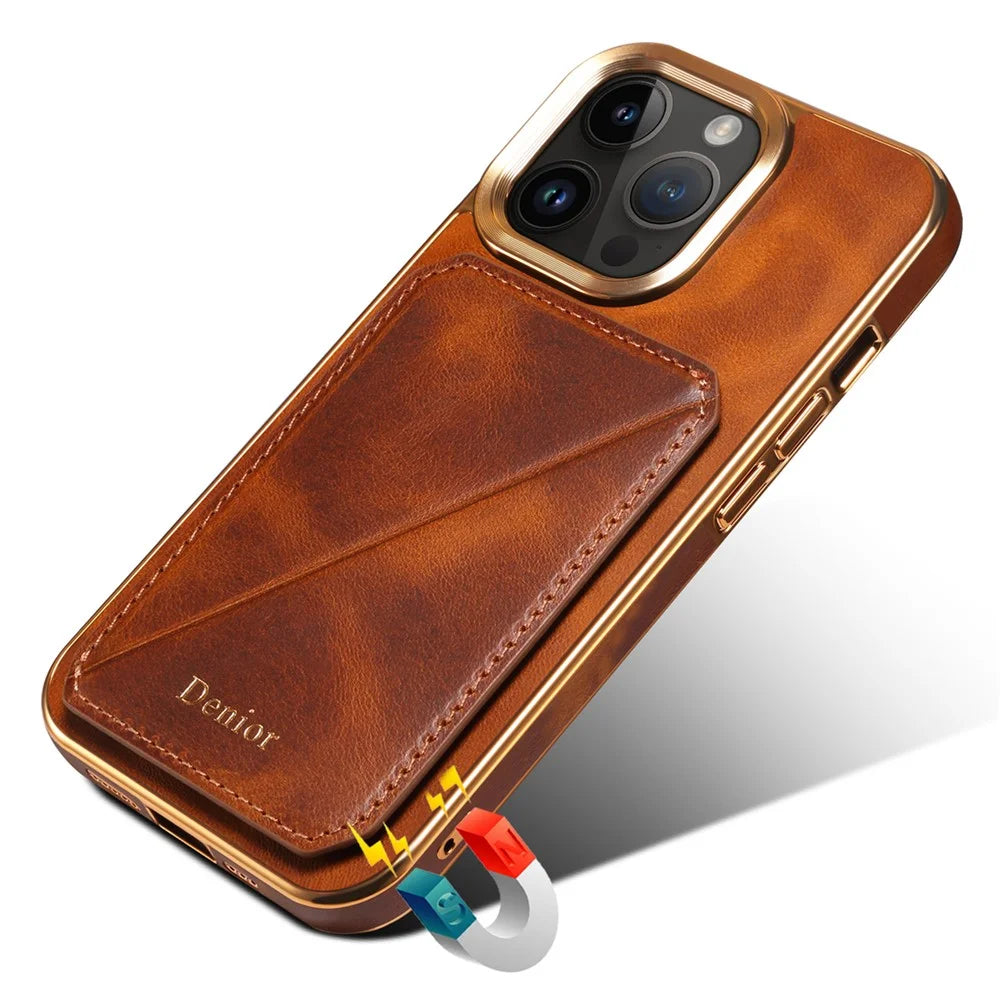 DENIOR For iPhone 12 Pro Max Card Holder Kickstand Phone Cover Waxy Genuine Cow Leather Coated TPU+PC Electroplating Case - Brown - 5