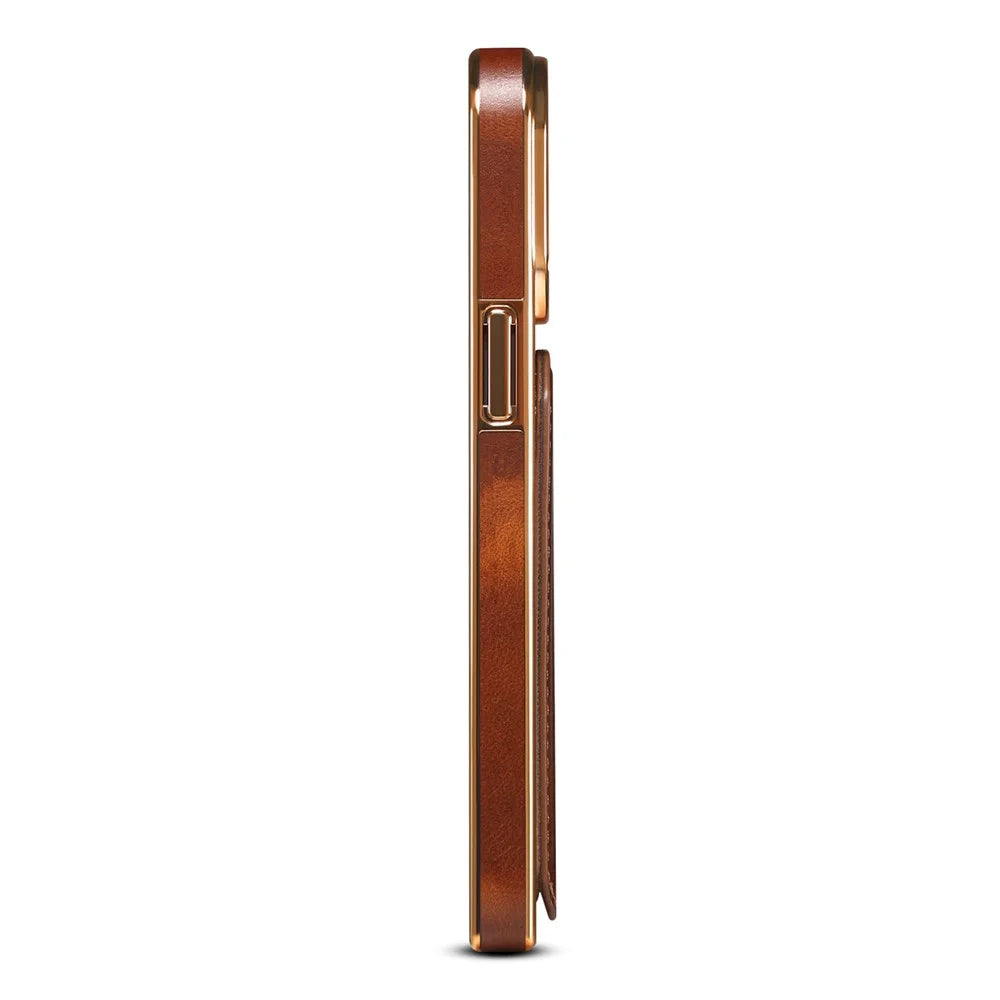 DENIOR For iPhone 12 Pro Max Card Holder Kickstand Phone Cover Waxy Genuine Cow Leather Coated TPU+PC Electroplating Case - Brown - 6