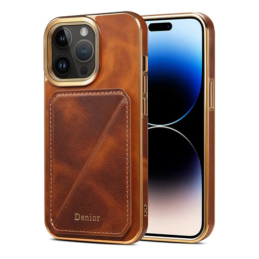 DENIOR Electroplating Phone Case for iPhone 14 Pro Card Holder Kickstand Waxy Genuine Cow Leather Coated TPU+PC Cover - Brown - 1