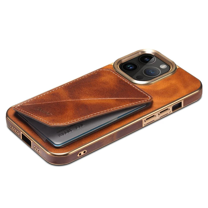 DENIOR Electroplating Phone Case for iPhone 14 Pro Card Holder Kickstand Waxy Genuine Cow Leather Coated TPU+PC Cover - Brown - 4
