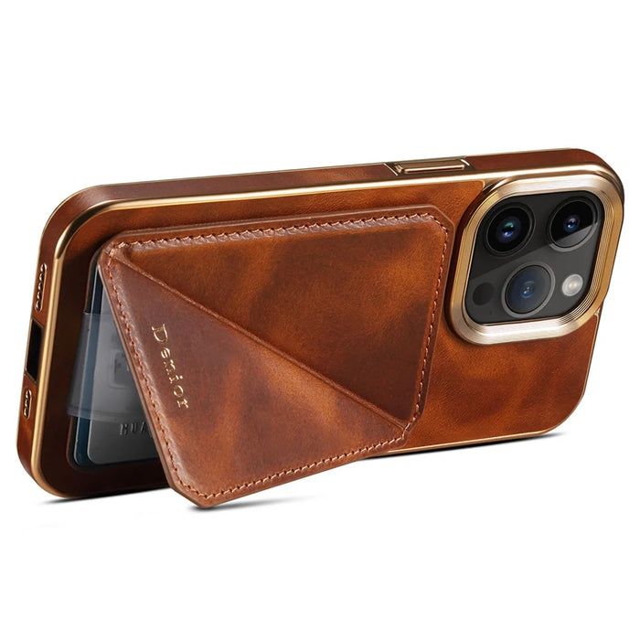 DENIOR Electroplating Phone Case for iPhone 14 Pro Card Holder Kickstand Waxy Genuine Cow Leather Coated TPU+PC Cover - Brown - 5