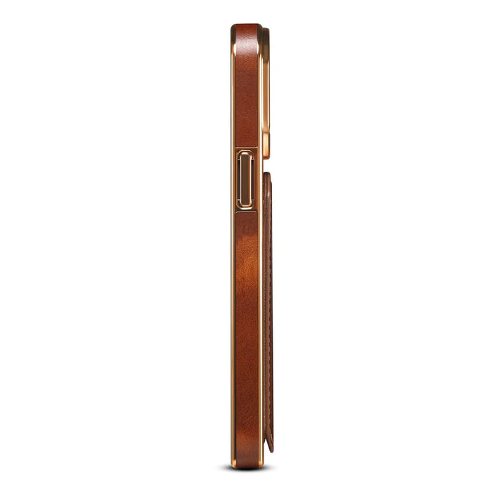 DENIOR Electroplating Phone Case for iPhone 14 Pro Card Holder Kickstand Waxy Genuine Cow Leather Coated TPU+PC Cover - Brown - 7