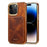 DENIOR For iPhone 14 Pro Max Phone Kickstand Case Card Holder Electroplating Waxy Genuine Cow Leather Coated TPU+PC Cover - Brown - 1