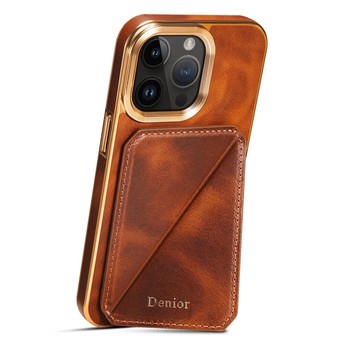 DENIOR For iPhone 14 Pro Max Phone Kickstand Case Card Holder Electroplating Waxy Genuine Cow Leather Coated TPU+PC Cover - Brown - 3