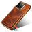 DENIOR For iPhone 14 Pro Max Phone Kickstand Case Card Holder Electroplating Waxy Genuine Cow Leather Coated TPU+PC Cover - Brown - 6