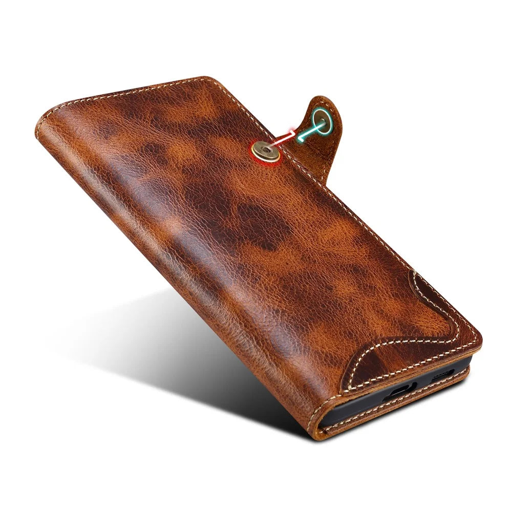 For Samsung Galaxy S23 FE Buckled Retro Oil Wax Genuine Cow Leather+TPU Wallet Case Phone Cover - Brown - 3