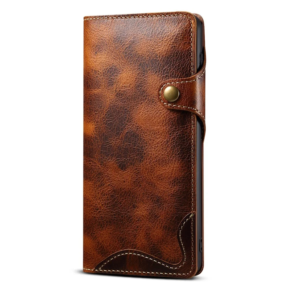 For Samsung Galaxy S23 FE Buckled Retro Oil Wax Genuine Cow Leather+TPU Wallet Case Phone Cover - Brown - 6