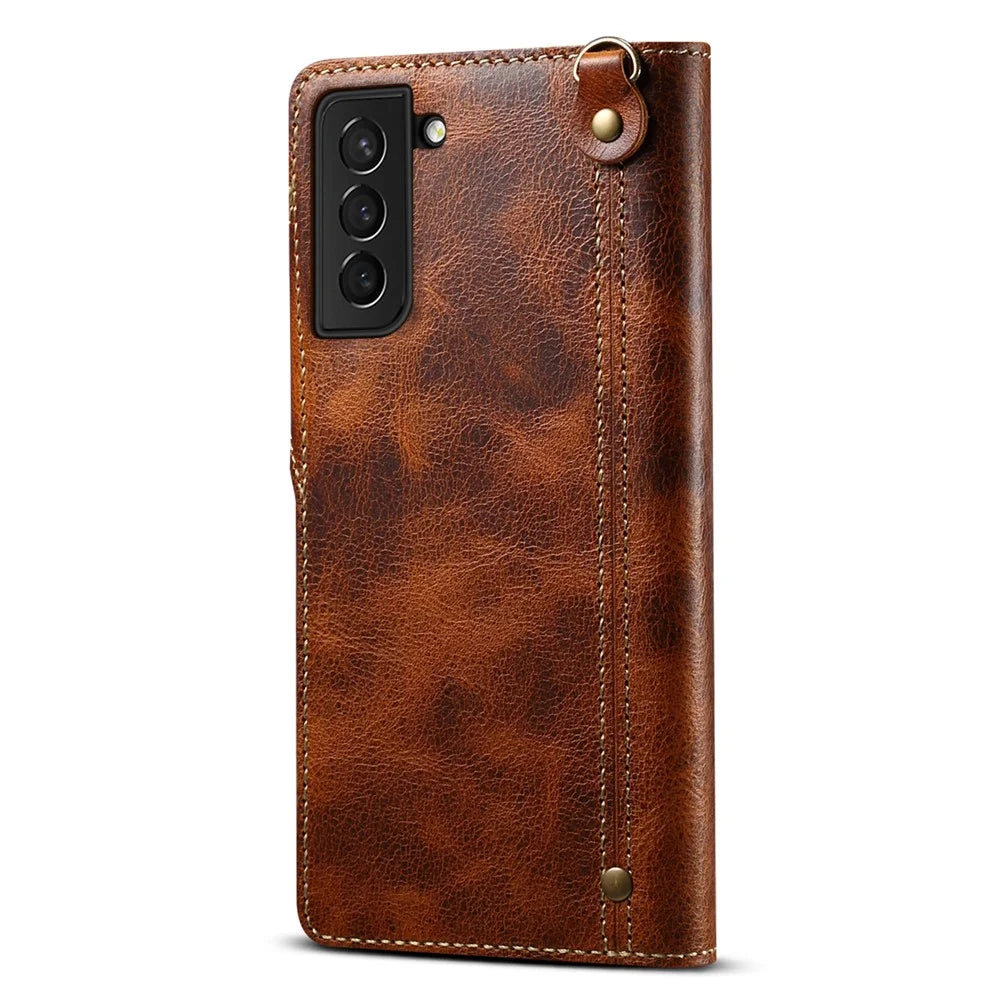 For Samsung Galaxy S23 FE Buckled Retro Oil Wax Genuine Cow Leather+TPU Wallet Case Phone Cover - Brown - 7