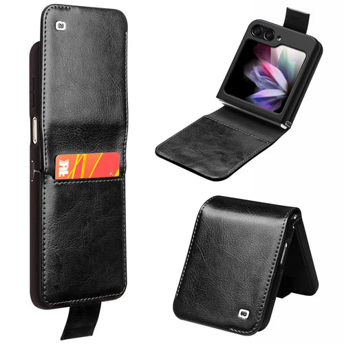 QIALINO For Samsung Galaxy Z Flip5 5G Genuine Cow Leather+PC Phone Case Card Holder Slim Fit Cover - Black - 1