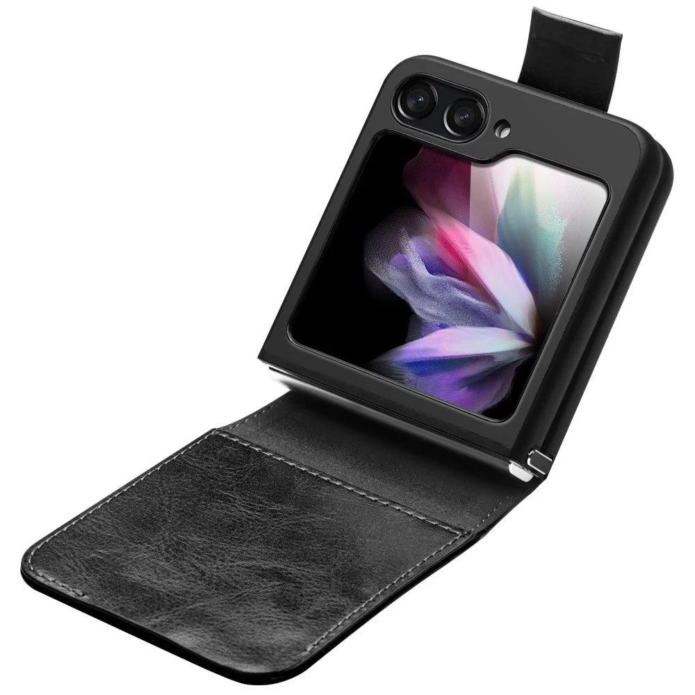 QIALINO For Samsung Galaxy Z Flip5 5G Genuine Cow Leather+PC Phone Case Card Holder Slim Fit Cover - Black - 2