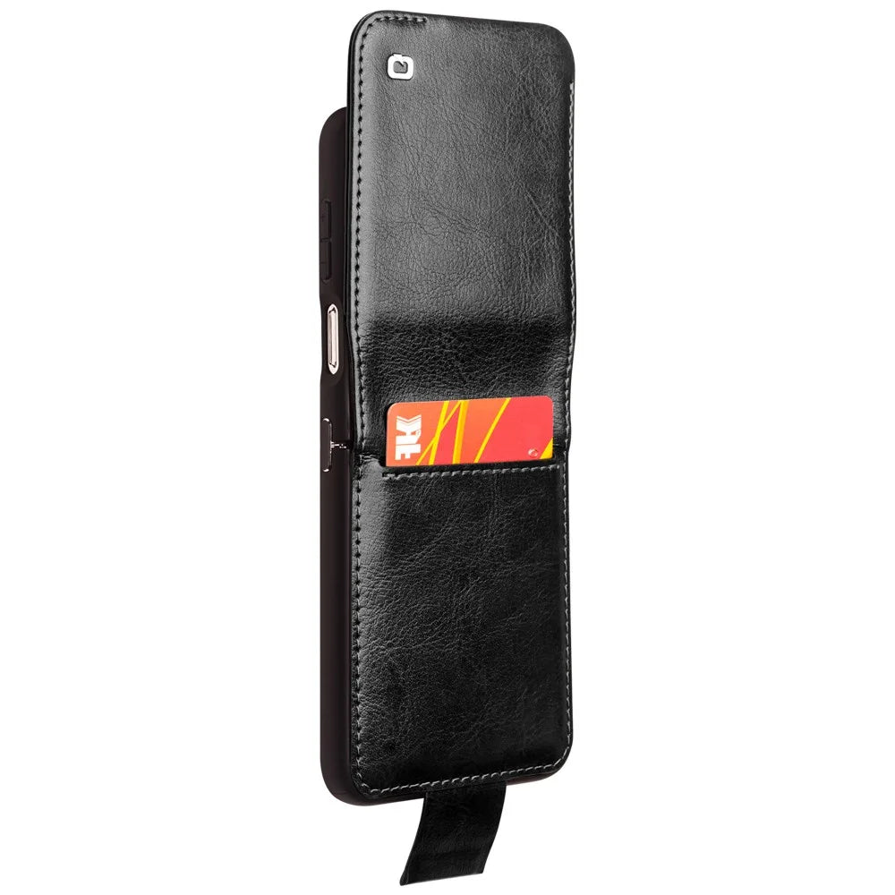 QIALINO For Samsung Galaxy Z Flip5 5G Genuine Cow Leather+PC Phone Case Card Holder Slim Fit Cover - Black - 3