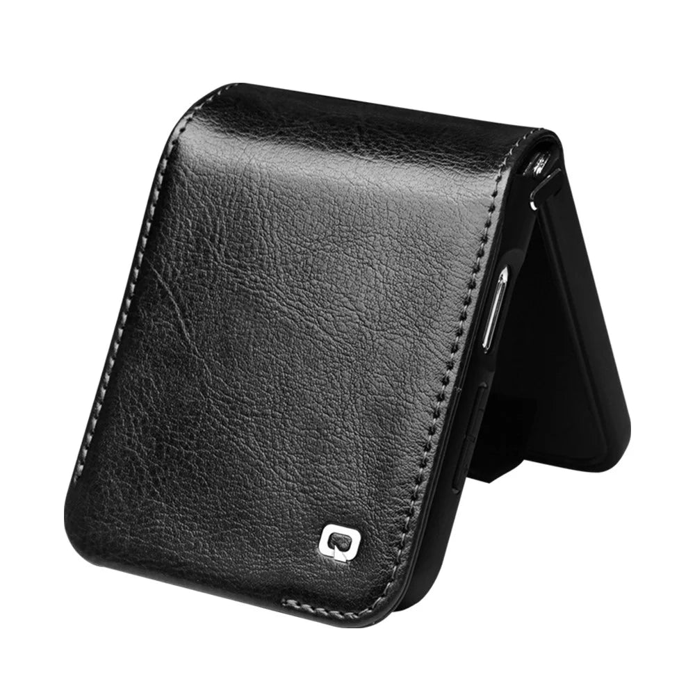 QIALINO For Samsung Galaxy Z Flip5 5G Genuine Cow Leather+PC Phone Case Card Holder Slim Fit Cover - Black - 4