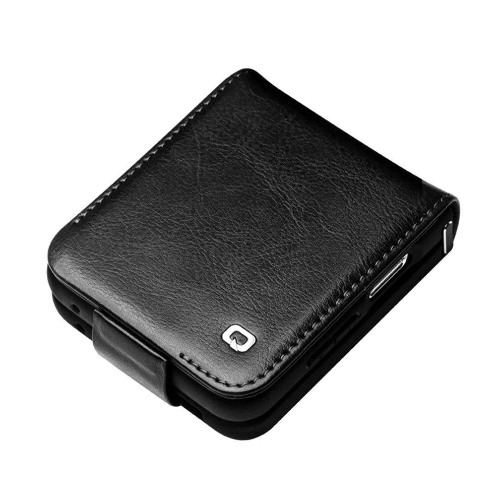 QIALINO For Samsung Galaxy Z Flip5 5G Genuine Cow Leather+PC Phone Case Card Holder Slim Fit Cover - Black - 5