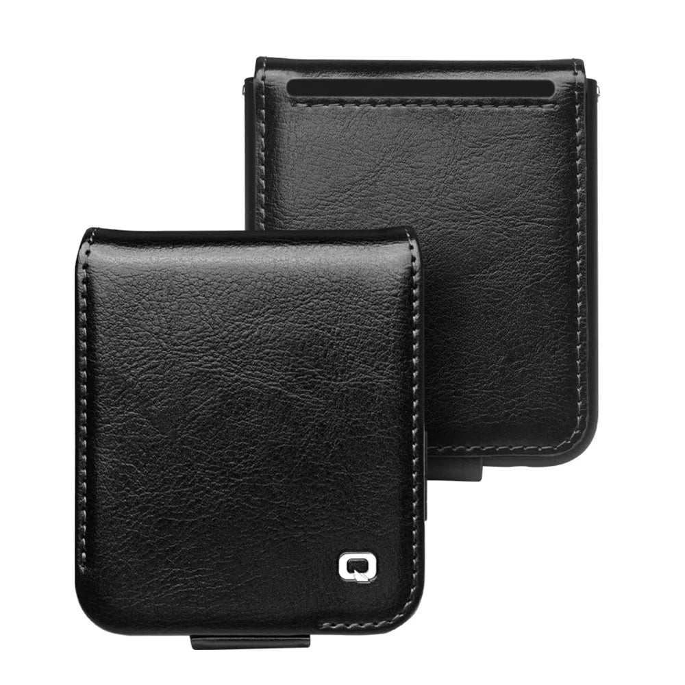 QIALINO For Samsung Galaxy Z Flip5 5G Genuine Cow Leather+PC Phone Case Card Holder Slim Fit Cover - Black - 6