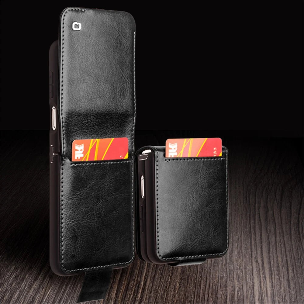 QIALINO For Samsung Galaxy Z Flip5 5G Genuine Cow Leather+PC Phone Case Card Holder Slim Fit Cover - Black - 7