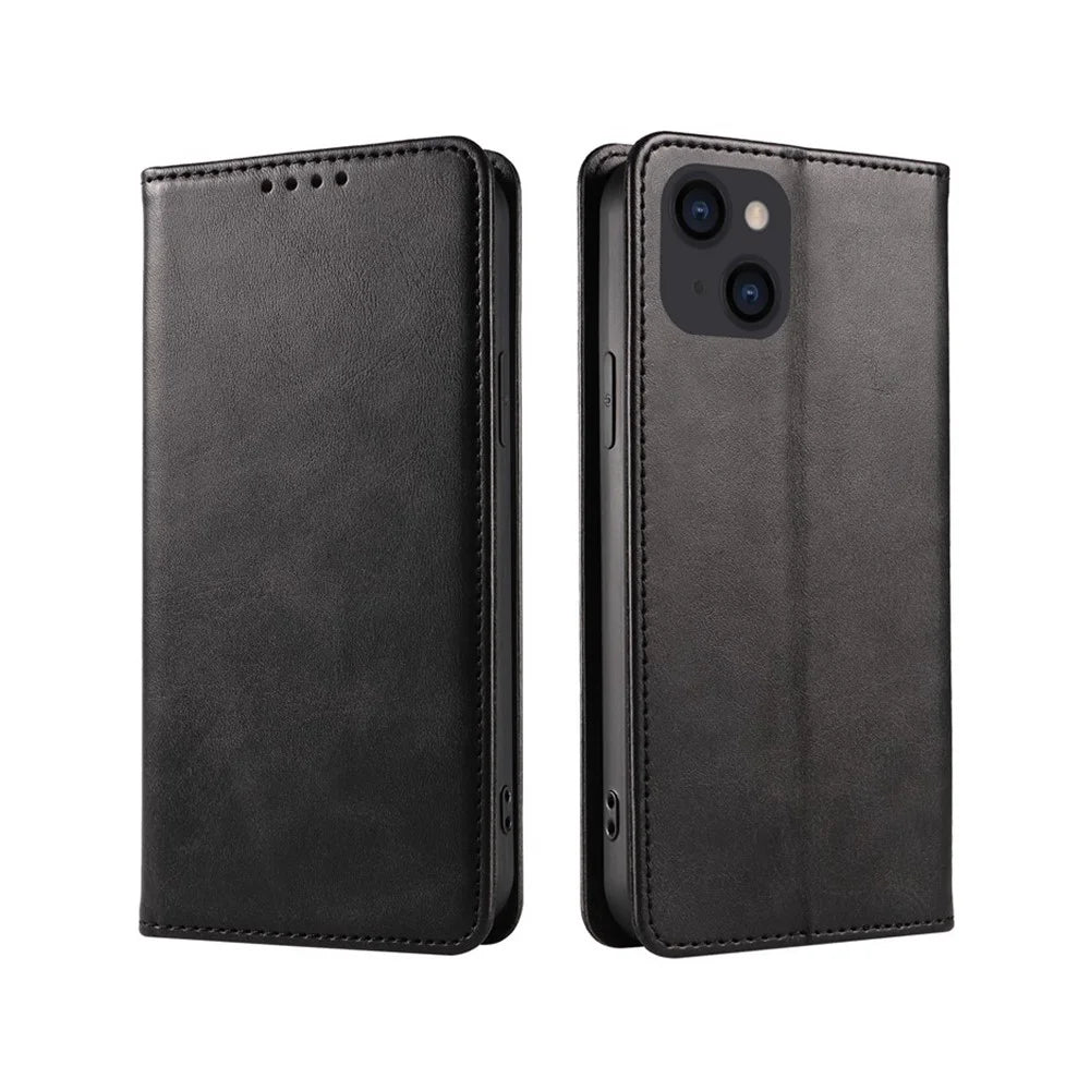 Leather Phone Case for iPhone 15 Plus , Wallet Stand Calf Texture Cell Phone Cover - Black - 1