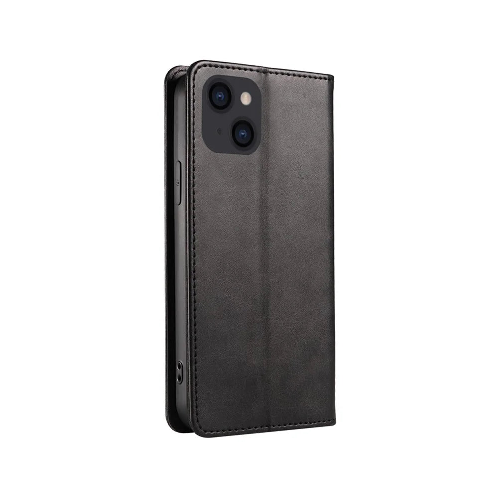 Leather Phone Case for iPhone 15 Plus , Wallet Stand Calf Texture Cell Phone Cover - Black - 7