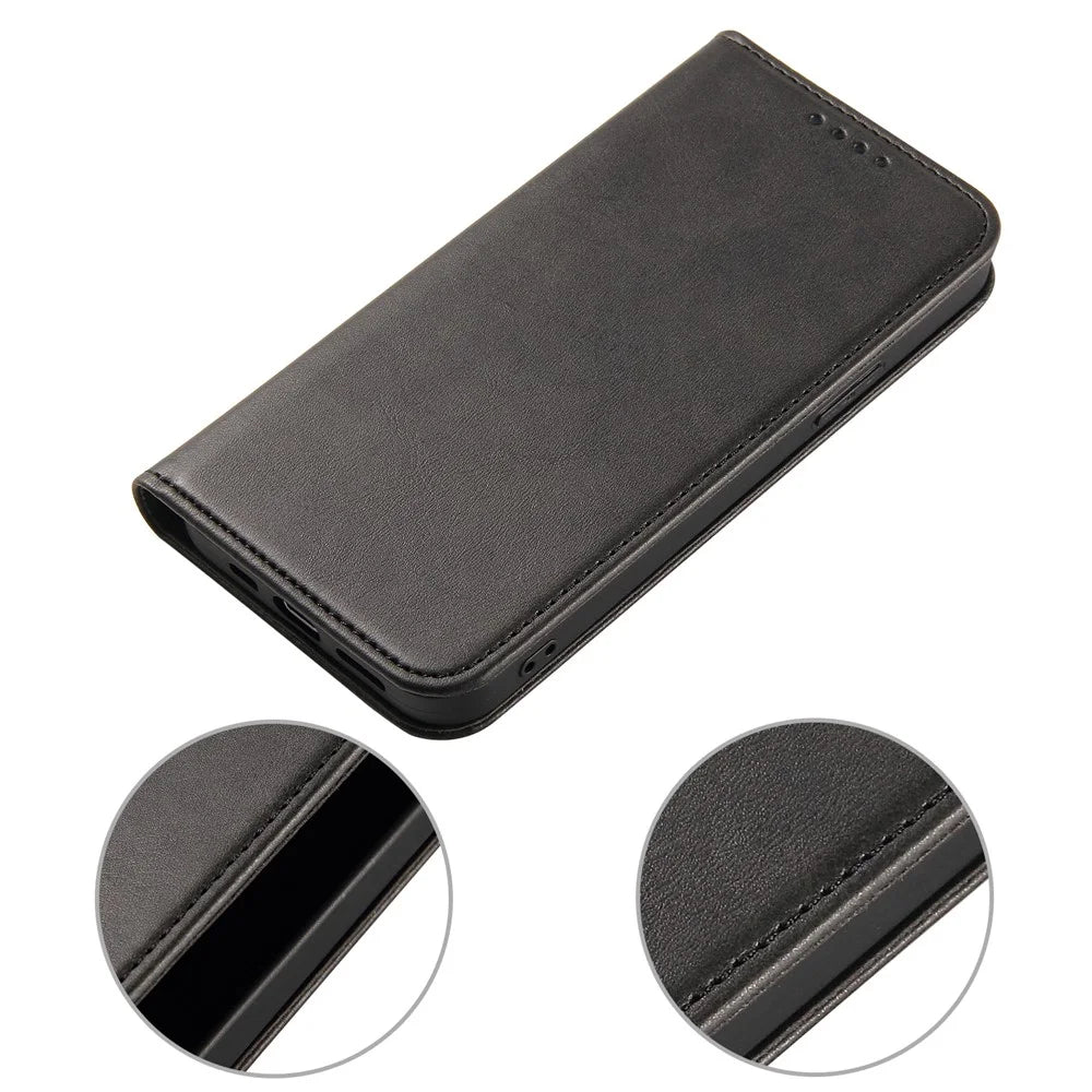 Calf Texture Leather Phone Cover for iPhone 15 Pro Max , Stand Phone Wallet Case - Black - 6