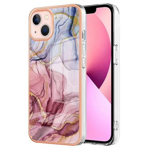 YB IMD Series-16 Style E for iPhone 15 Marble Pattern Phone Case 2.0mm TPU Electroplating Frame IMD Cover - Rose Gold - 1