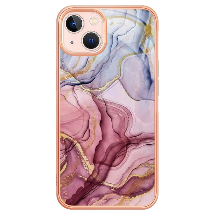 YB IMD Series-16 Style E for iPhone 15 Marble Pattern Phone Case 2.0mm TPU Electroplating Frame IMD Cover - Rose Gold - 2
