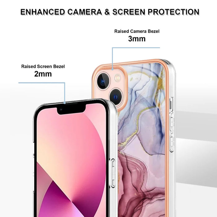 YB IMD Series-16 Style E for iPhone 15 Marble Pattern Phone Case 2.0mm TPU Electroplating Frame IMD Cover - Rose Gold - 3