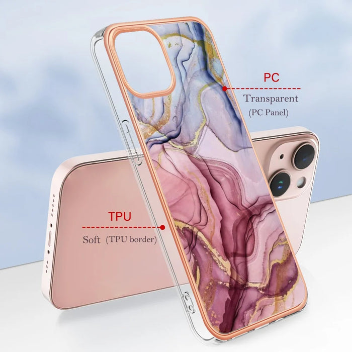 YB IMD Series-16 Style E for iPhone 15 Marble Pattern Phone Case 2.0mm TPU Electroplating Frame IMD Cover - Rose Gold - 5