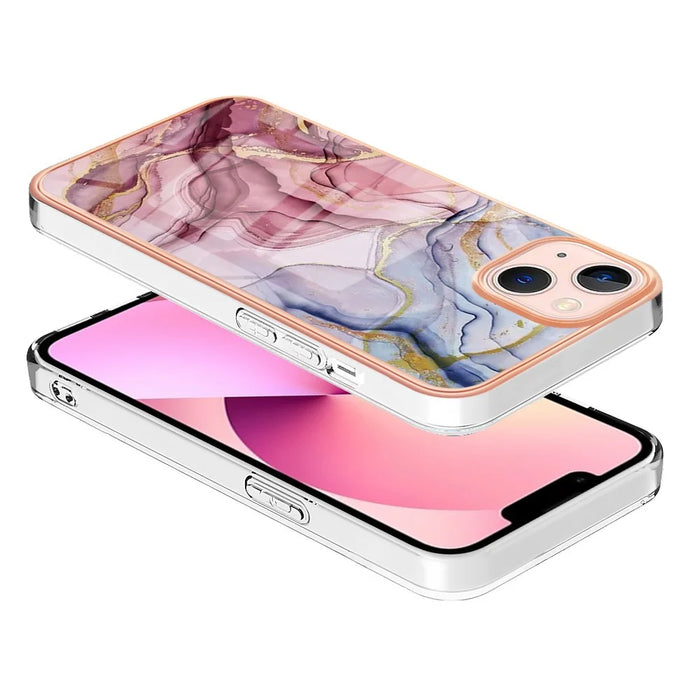 YB IMD Series-16 Style E for iPhone 15 Marble Pattern Phone Case 2.0mm TPU Electroplating Frame IMD Cover - Rose Gold - 7