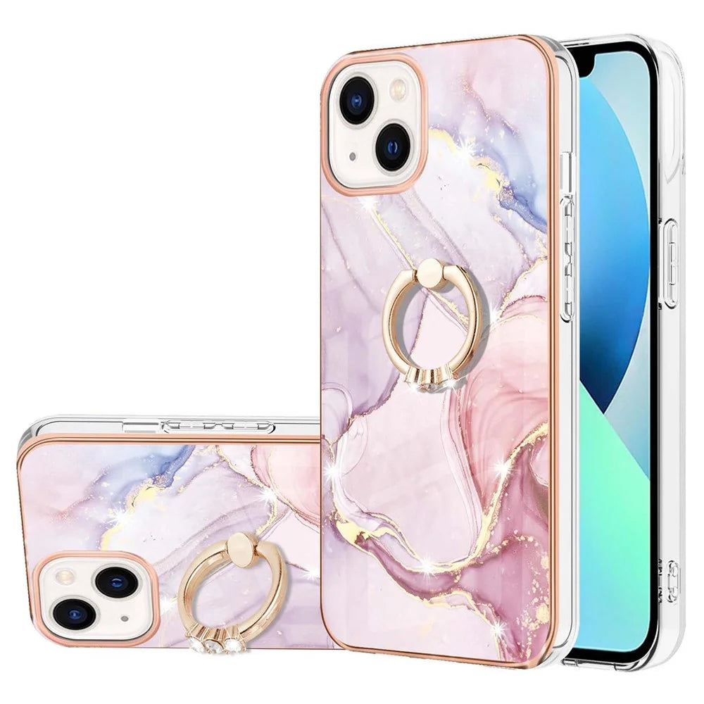 For iPhone 15 Case with Ring Kickstand Marble Pattern Electroplating TPU Back Cover - Rose Gold 005 - 1