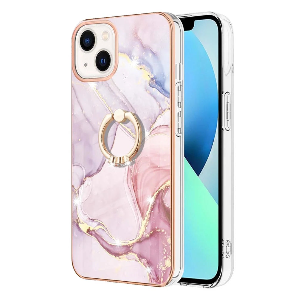 For iPhone 15 Case with Ring Kickstand Marble Pattern Electroplating TPU Back Cover - Rose Gold 005 - 2