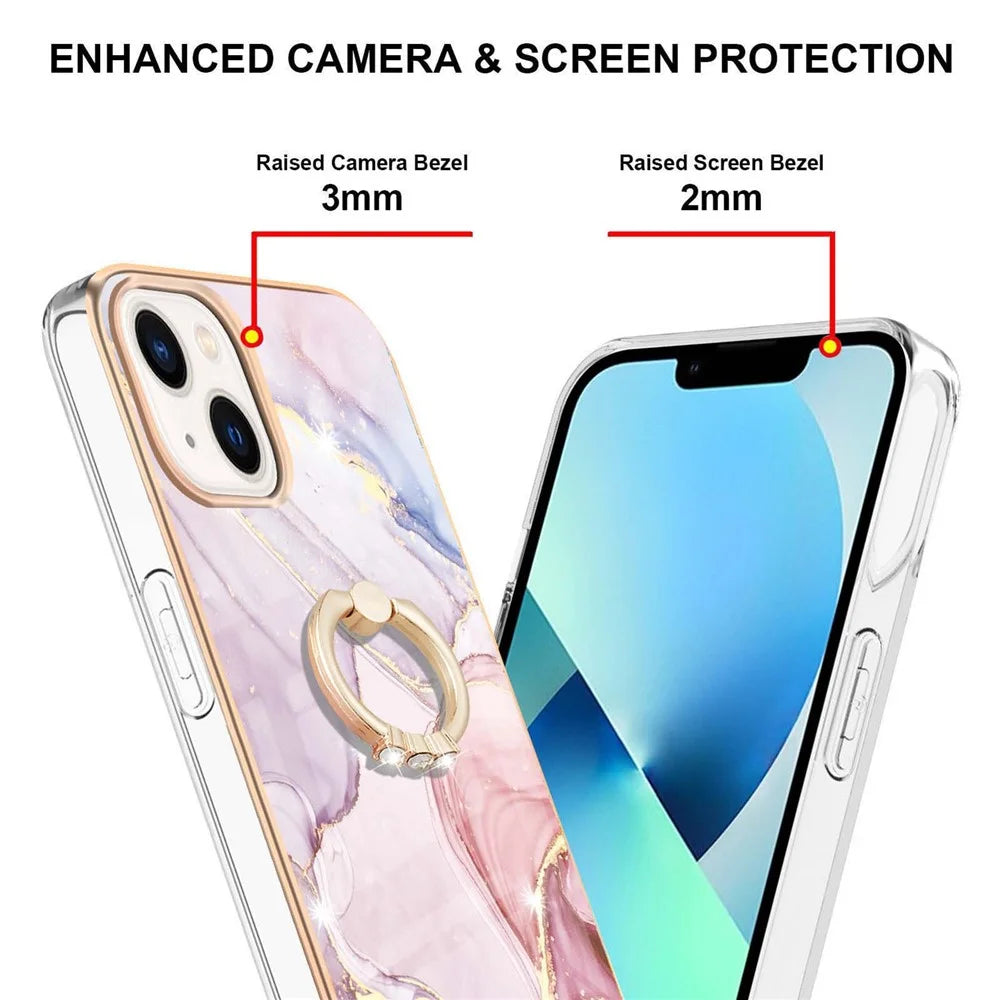 For iPhone 15 Case with Ring Kickstand Marble Pattern Electroplating TPU Back Cover - Rose Gold 005 - 3