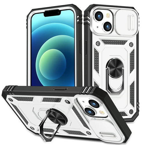For iPhone 15 Kickstand Phone Case PC+TPU Sliding Camera Protection Cover with Card Slot - White+Black - 1